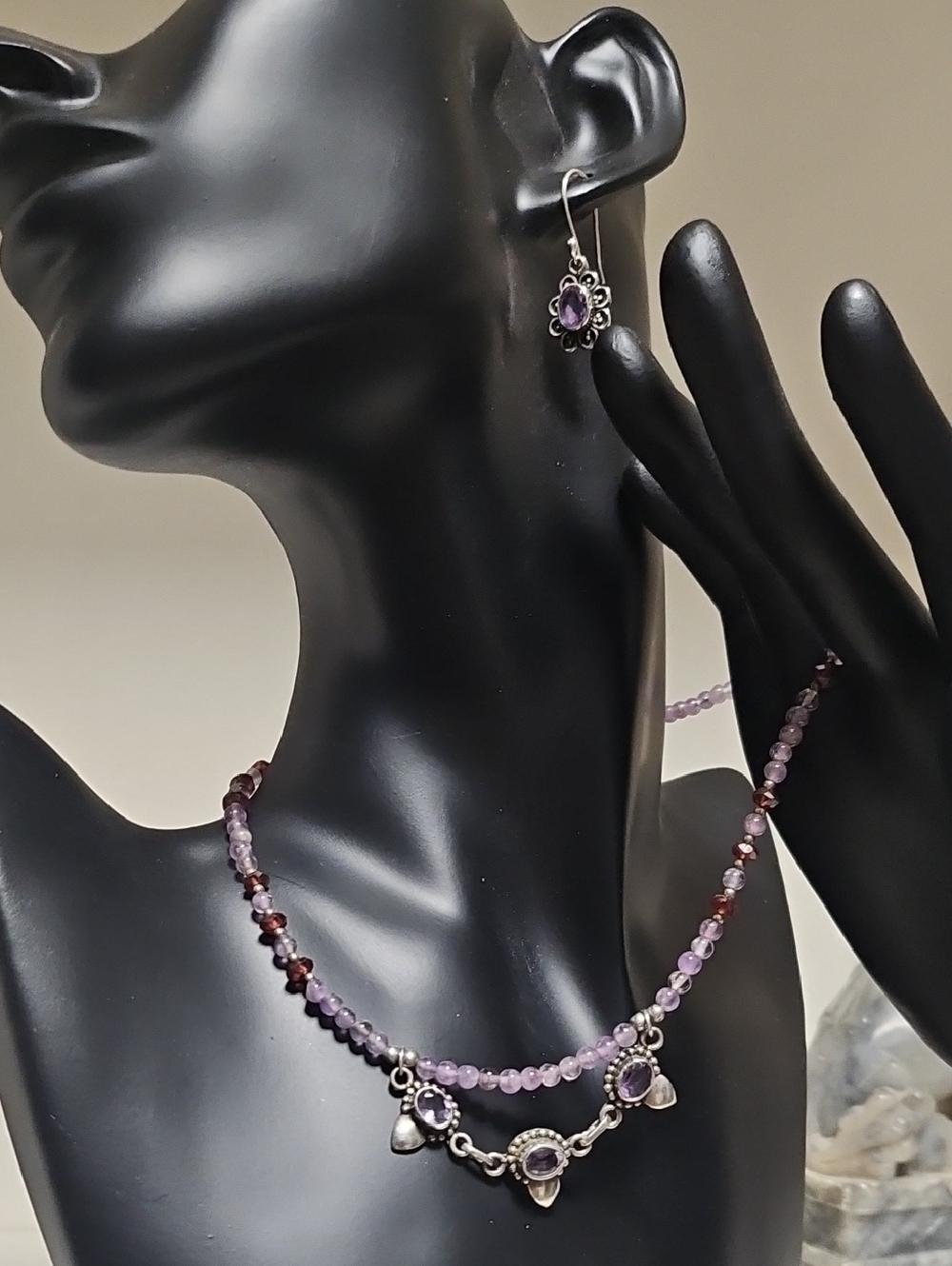 Sterling Silver Amethyst and garnet necklace and earrings!